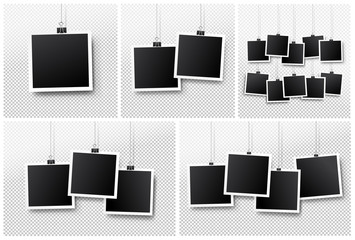 Wall Mural - set of blank photo frame set hanging on a clip. retro vintage style. black empty place for your text