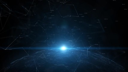 Cyberspace network sphere with artistic lens flare light and flying random numbers.