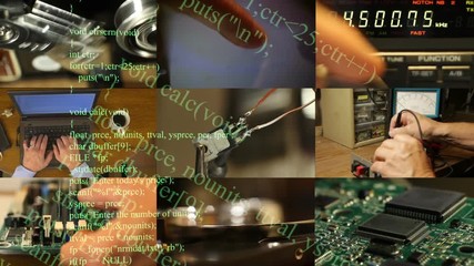 Split screen technology montage with computer code