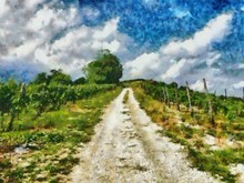 Hand Drawing Watercolor Art On Canvas. Artistic Big Print. Original Modern Painting. Acrylic Dry Brush Background. The Road Between The Spacious Field That Goes Far Into The Distance.  