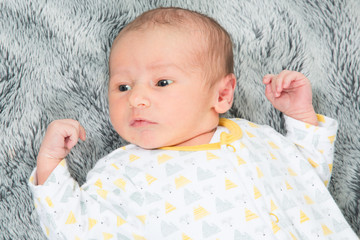 Wall Mural - Little baby boy newborn on grey blanket