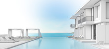 Luxury Beach House With Sea View Swimming Pool And Terrace In Modern Design, Lounge Chairs On Wooden Floor Deck At Vacation Home Or Hotel - 3d Illustration Of Contemporary Holiday Villa Exterior