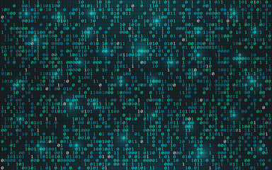 Poster - Abstract binary code background. Digital data concept. Bright streaming digits with lights on dark backdrop. Futuristic technology wallpaper. Vector illustration