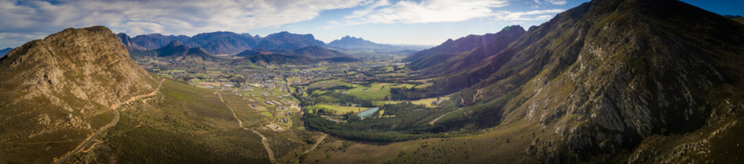 Aerial view over the Franschhoek pass and the Franschhoek valley in the Western Cape of South Africa