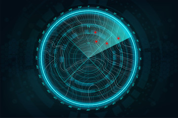 Poster - Radar Screen in futuristic style.  Air search HUD gadget. military search, system . navigation interface wallpaper. Vector illustration gui