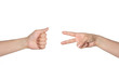 © penyushkin - hands of two people gaming in the scissors-paper-stone. The hands showing the symbols of scissors and stone