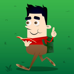 Schoolboy reading a red book and making a point. Vector cartoon character illustration.