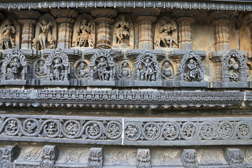 Decorative friezes with deities, dancers and other figures, Chennakeshava temple. Belur, Karnataka.