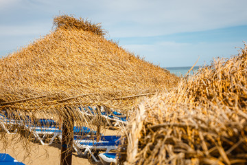 Wall Mural - Lounge chairs and straw umbrellas at the beach. Costa del Sol, Andalusia, Spain