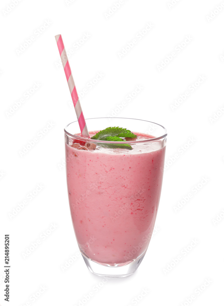 Glass with tasty raspberry smoothie on white background