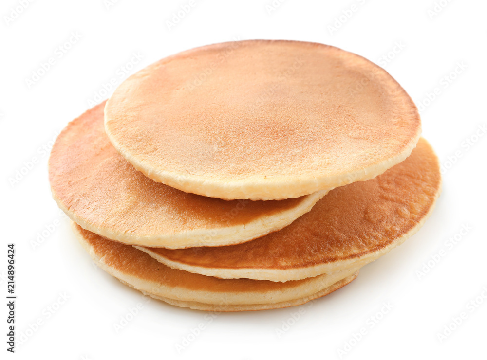 Tasty homemade pancakes on white background