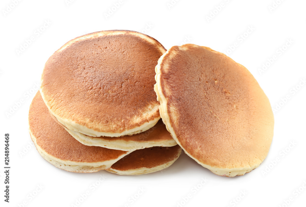 Tasty homemade pancakes on white background