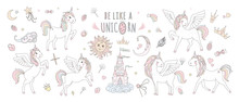 Unicorn Vector Sweet Cute Illustration. Magic Fantasy Design. Cartoon Rainbow Animal Isolated Horse. Fairytale Unicorn Print Poster.