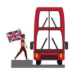 Poster - bus transport and man with flag great britain