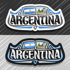 Wall Mural - Vector logo for Republic of Argentina, fridge magnet with argentinian flag, original brush typeface for word argentina, argentinian symbol - civic center in San Carlos de Bariloche on sky background.