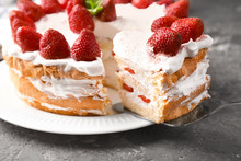 Plate With Delicious Strawberry Cake On Table, Closeup