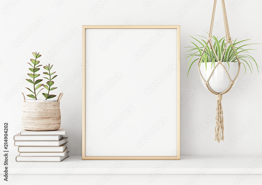 Home interior poster mock up with horizontal metal frame, succulents in basket and pile of books on white wall background. 3D rendering. - obrazy, fototapety, plakaty 