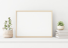 Home Interior Poster Mock Up With Horizontal Metal Frame, Succulents In Basket And Pile Of Books On White Wall Background. 3D Rendering.