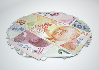 A mixture of Turkish Lira Currency, 3D Illustration on a white background.