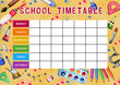 Template of school timetable with days of week and free spaces for notes. Hand drawn watercolor Illustration with school supplies