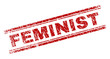 FEMINIST seal print with grunge texture. Red vector rubber print of FEMINIST label with grunge texture. Text title is placed between double parallel lines.