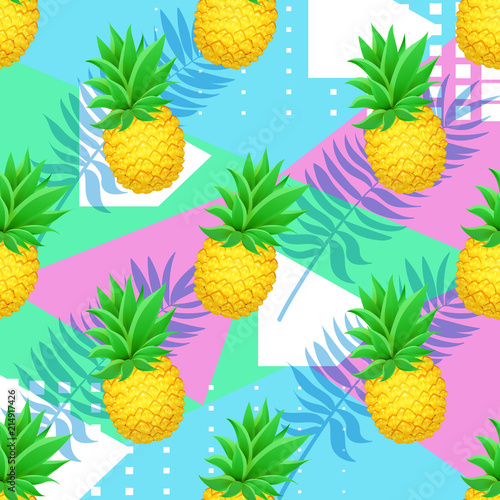 bezszwowe-banan-tropikalny-wzor-z-lisci-palmowych-na-geometryczne-tlo-realistyczne-ananasy-kreskowka