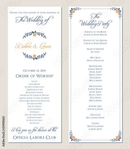 Navy Blue Wedding Program Vector Illustration Buy This Stock