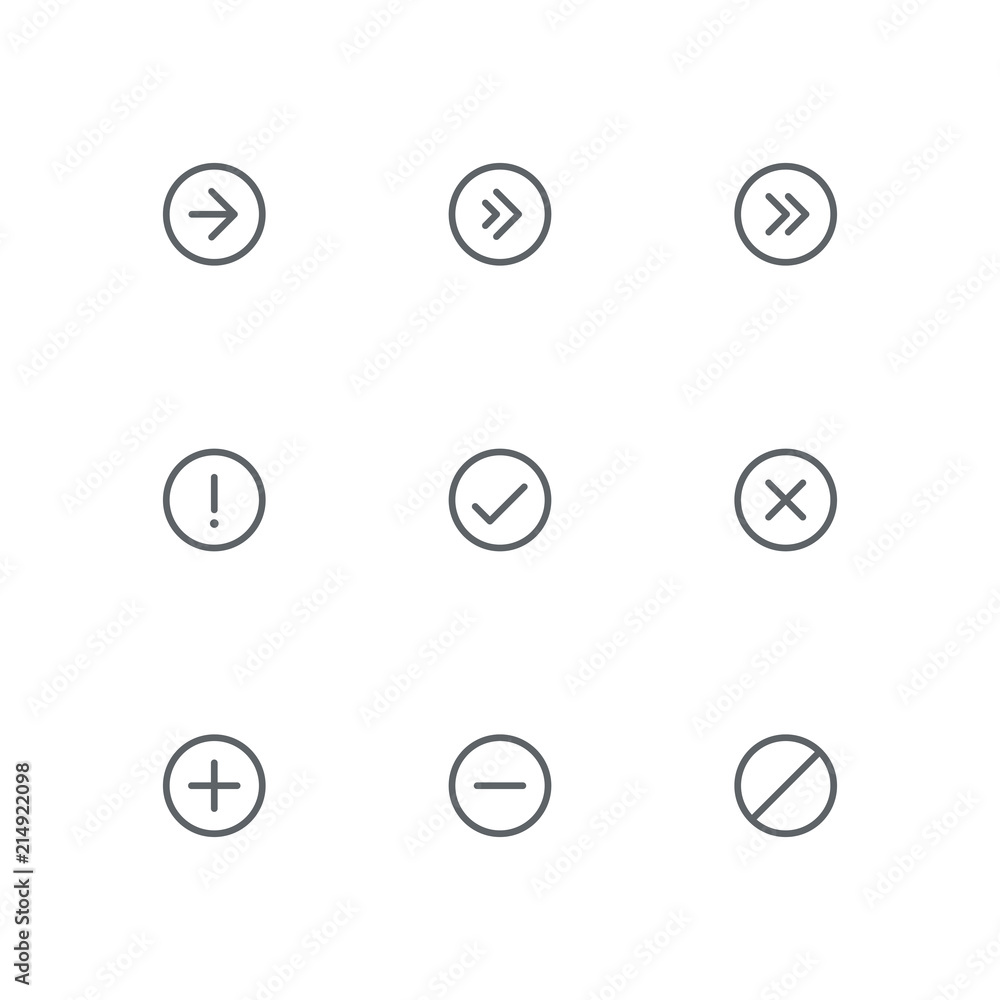 Basic outline icon set - arrows, exclamation, check mark, cross, plus ...