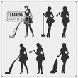 © malashkos - Set of cleaning service emblems with beautiful young maid. Clining badges, labels and design elements. Vintage style.