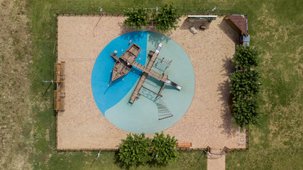 top down view of playground with pirate ship