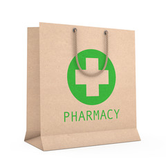 Poster - Medicine Paper Recycled Bag with Pharmacy Sign. 3d Rendering