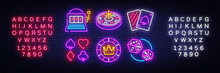 Casino Neon Collection Vector Icons. Casino Emblems And Labels, Bright Neon Sign, Slot Machine, Roulette, Poker, Dice Game. Vector Illustration. Editing Text Neon Sign