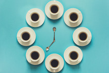 Overhead View Of The Steps In Drinking A Cup Of Fresh Espresso. Coffee Clock. Art Food. Good Morning Concept. Toned