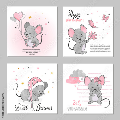 Greeting Birthday cards set with cute little mouse. Vector illustration.