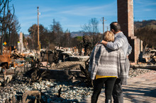 Man And His Wife Owners, Checking Burned And Ruined Of Their House And Yard After Fire, Consequences Of Fire Disaster Accident. Ruins After Fire Disaster.
