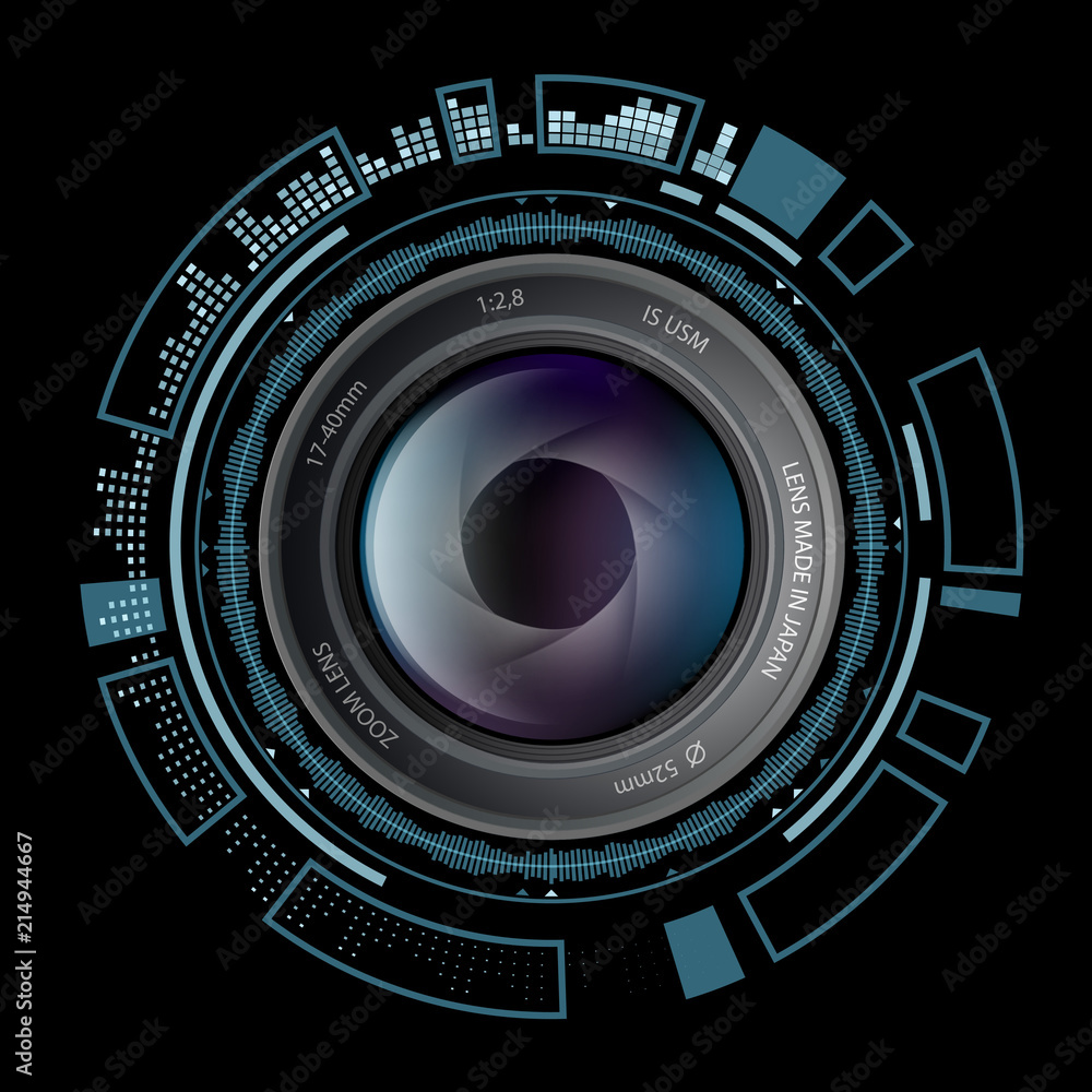 Camera photo lens with HUD interface. Stock vector illustration. - obrazy, fototapety, plakaty 