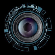 Camera Photo Lens With HUD Interface. Stock Vector Illustration.