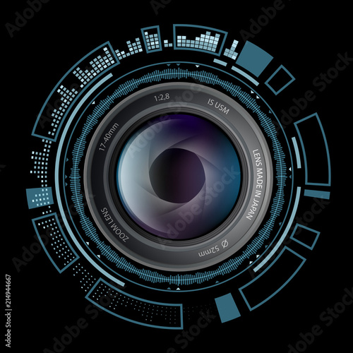 Cuadros en Lienzo Camera photo lens with HUD interface. Stock vector illustration.