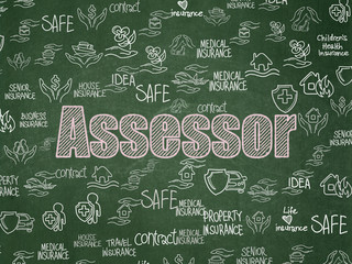 Canvas Print - Insurance concept: Chalk Pink text Assessor on School board background with  Hand Drawn Insurance Icons, School Board