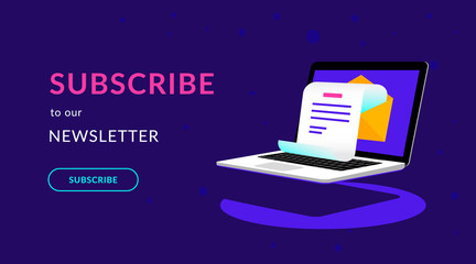 Subscribe to our newsletter flat vector neon illustration for ui ux web design with text and button. Isometric laptop with newsletter in open envelope on violet background and shadow under notebook