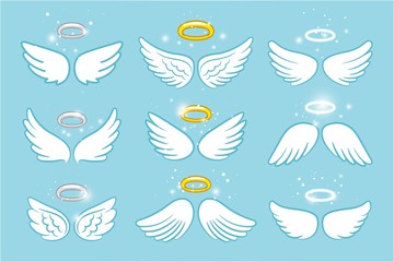  Wings and nimbus. Angel winged glory halo cute cartoon drawings vector illustration