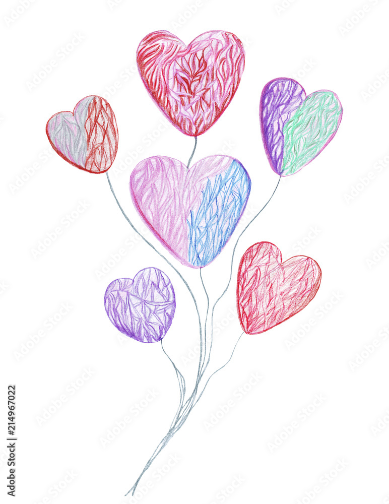 Hand drawing watercolor pencils different kinds of hearts - obrazy, fototapety, plakaty 