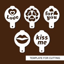 Set Of Coffee Stencils With Text: Love, For You, Kiss Me. For Drawing Picture On Cappuccino, Macchiato And Latte . Silhouettes Of Lips And Hearts. Template For Laser Cutting. Vector Illustration. 