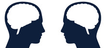Two Heads With Brain Silhouette Facing Each Other. Symbol For Same Or Different Kind Of Thoughts, Intelligence Or Communication, For Thought-reading, Telepathy, Adverse Opinions, Contrary Ideas.