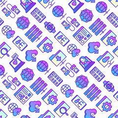 Wall Mural - information technology seamless pattern with thin line icons: social network, system backup, search,