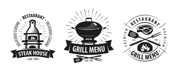 Barbecue, grill logo or label. BBQ, kebab emblem. Vector illustration