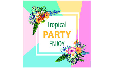 tropical collection with exotic flowers and leaves vector design isolated elements on the white, tropical flowers and palms summer banner graphic background exotic floral invitation flyer