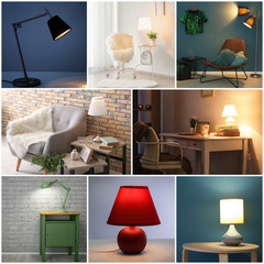 Collection of different room interiors with modern furniture and lamps