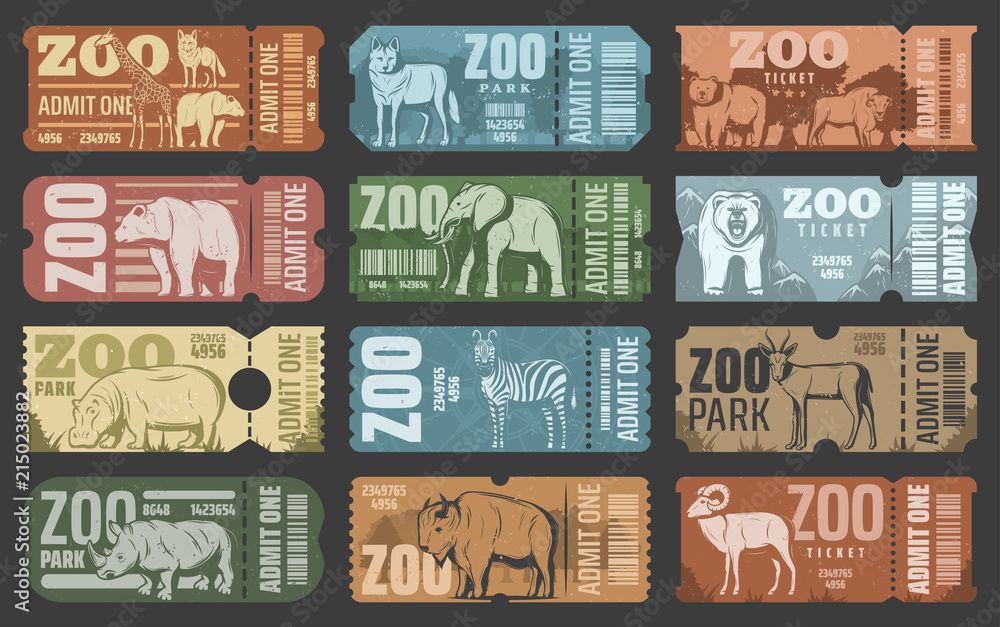 Zoo park tickets with african and forest animals - obrazy, fototapety, plakaty 