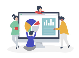 Sticker - Characters of people analyzing graphs and diagrams illustration